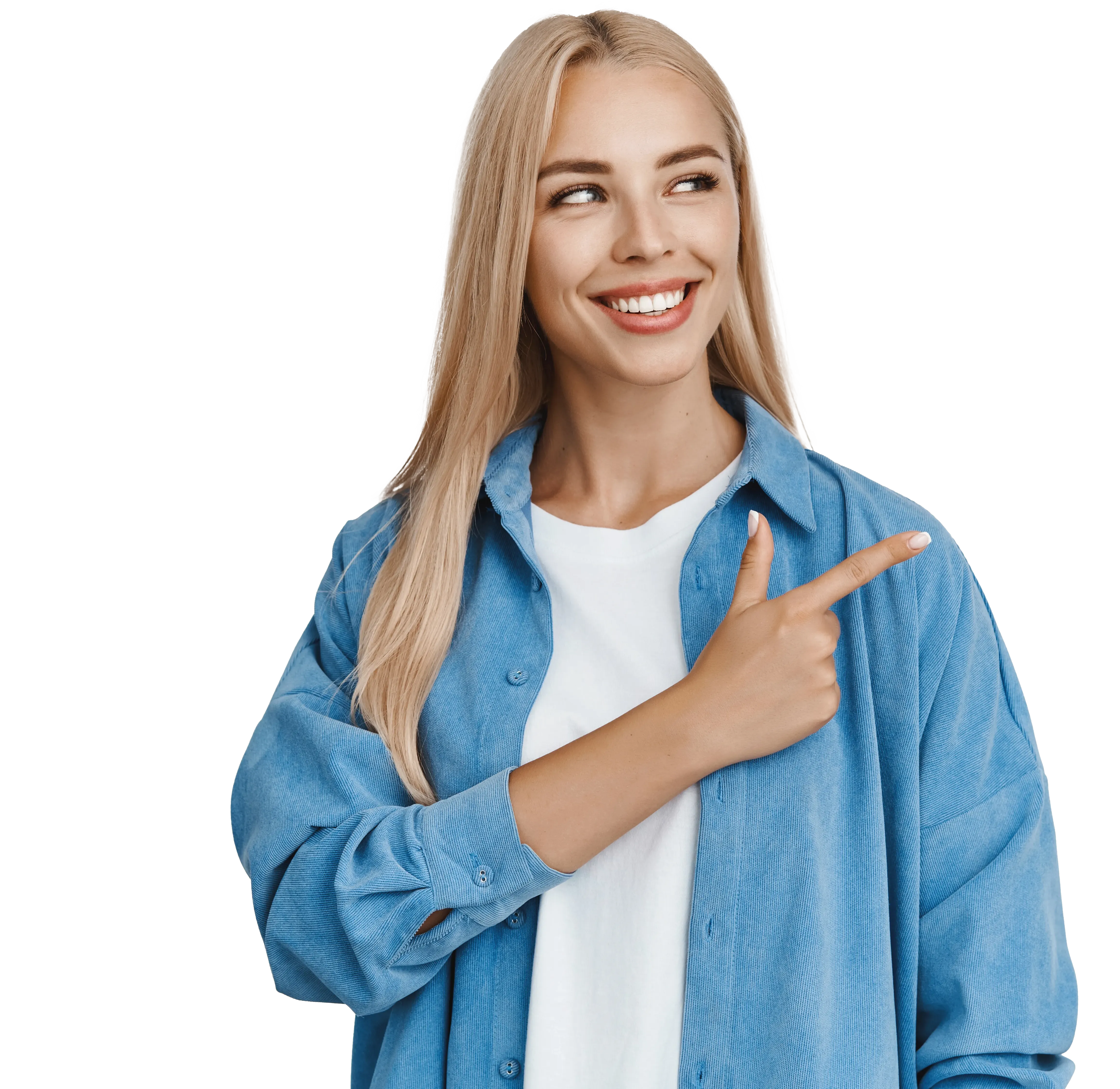 Junge Frau schaut und zeigt mit ihrem Zeigefinger nach oben rechts (Richtung Text)