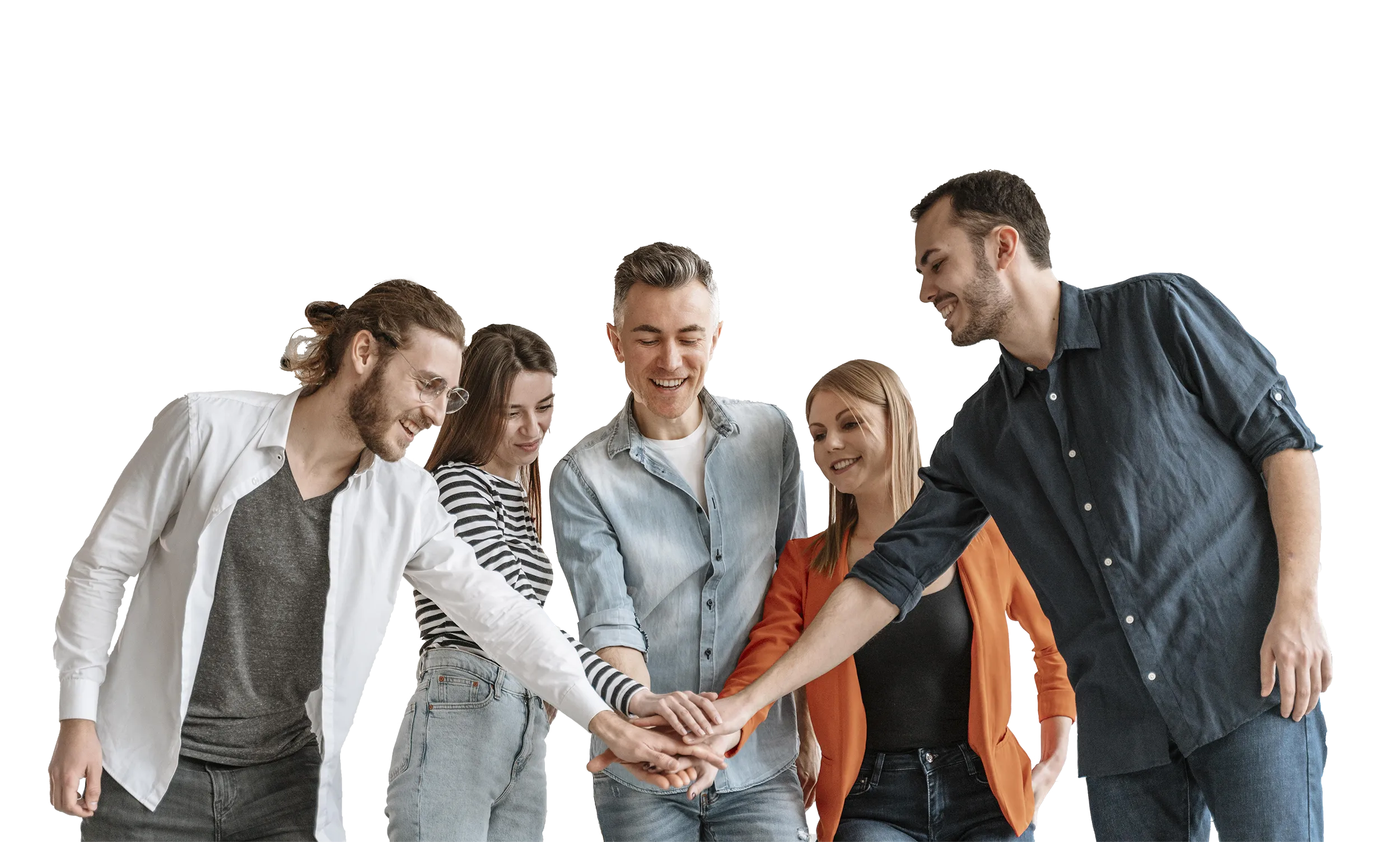 Gruppe von Menschen, die ihre Hände in einem Huddle zusammenschließen